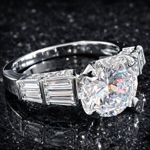 Round Cut Diamonique Solitaire Pave Baguettes Cz Engagement Ring sterling silver